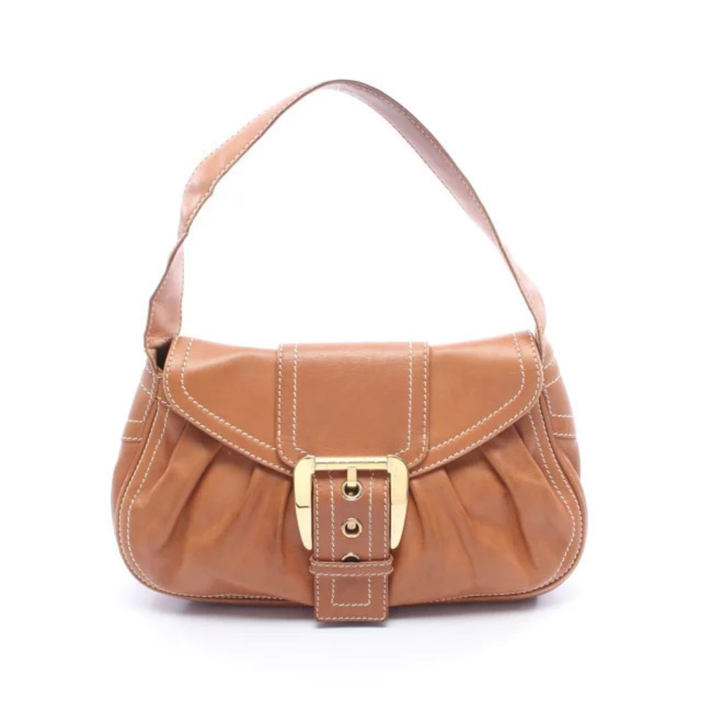Celine tan leather shoulder bag front buckle topstitching Brown